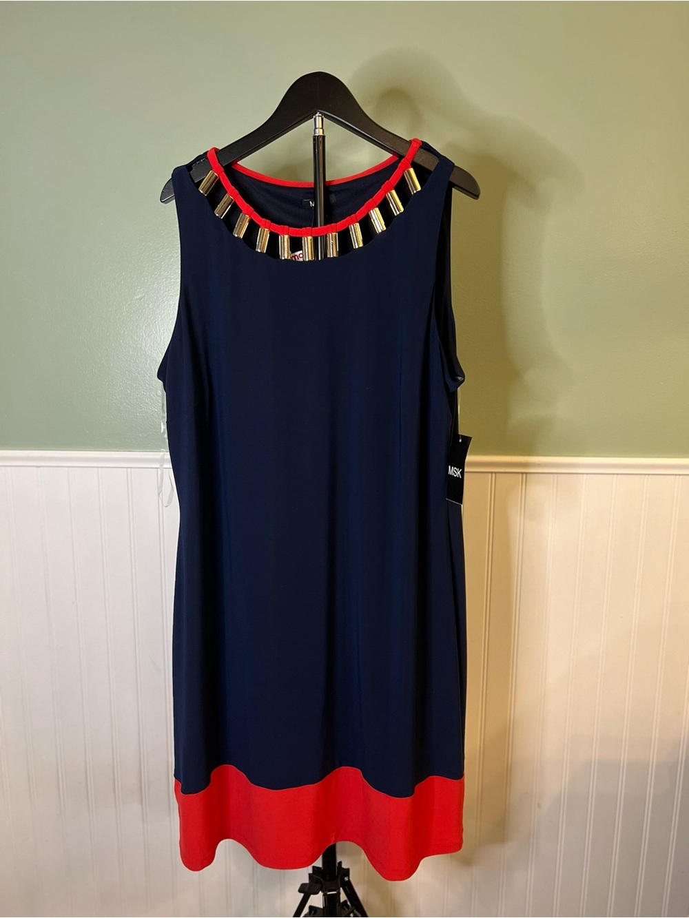 NEW - MSK Navy Midi Dress with Red Hem and Gold Collar Detail. Size XL